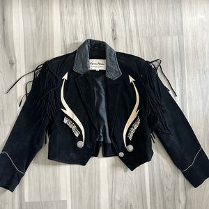 Signed Vintage Pioneer Wear Black Suede Fringe Jacket